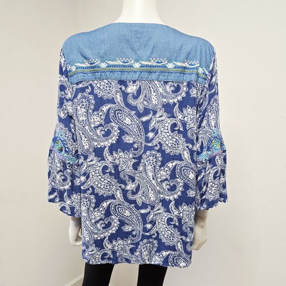 Caleaas Top Blouse Size XL Embroidered Bohemian 3/4 Sleeve Gauze Paisley Boho - Picture 2 of 8